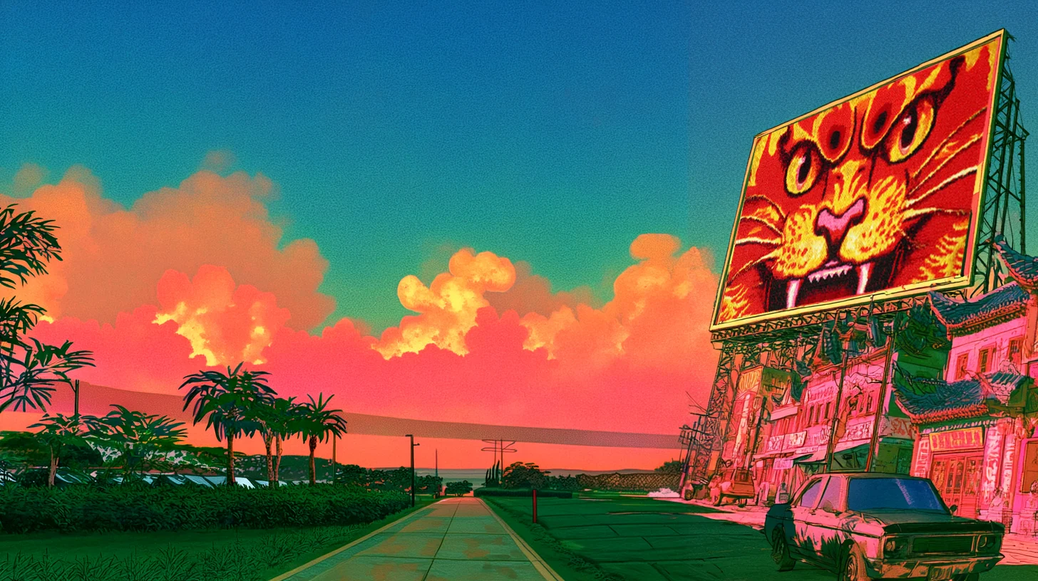 A giant Maopao cat billboard over a sunset highway