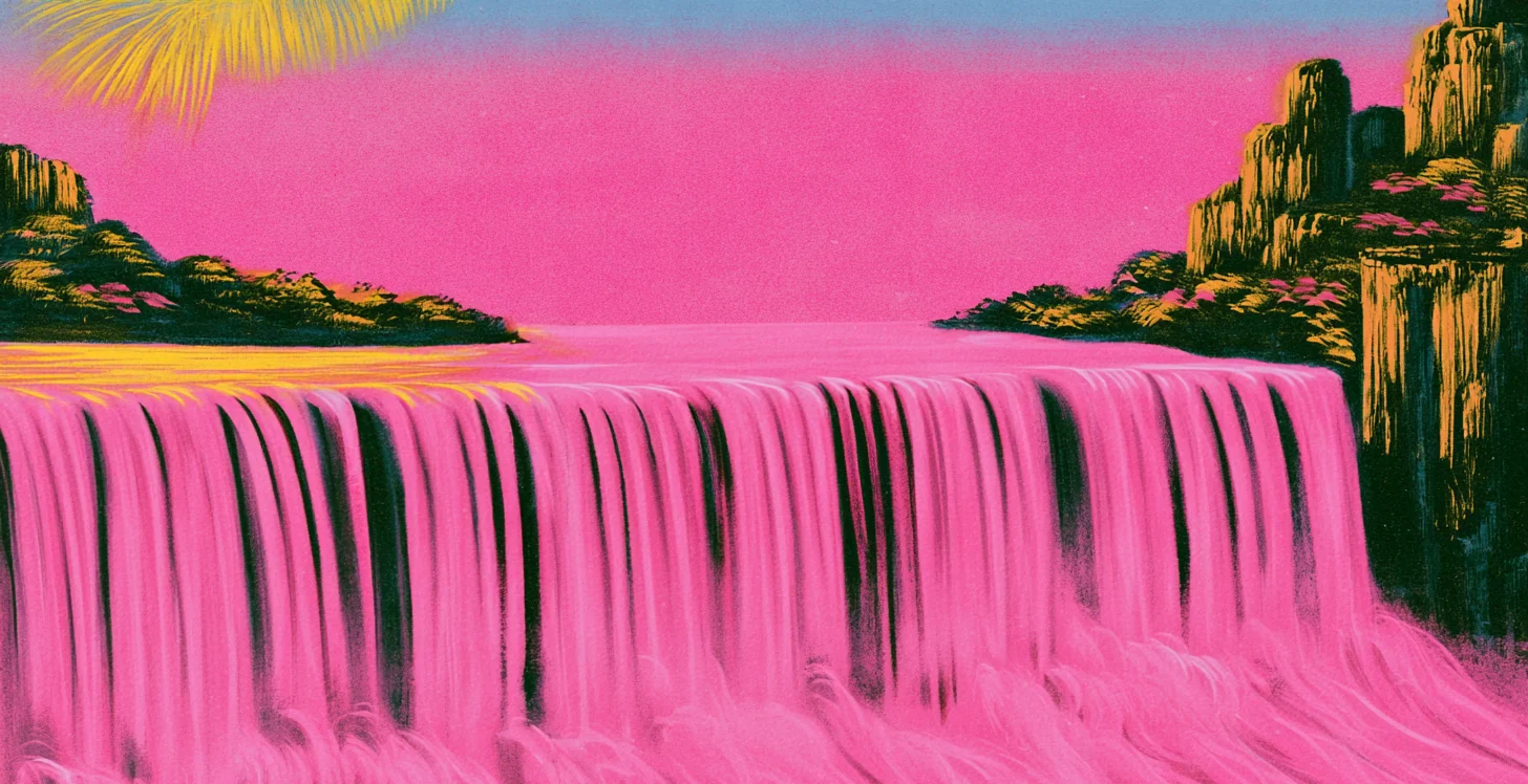 A vivid pink waterfall between jungle cliffs